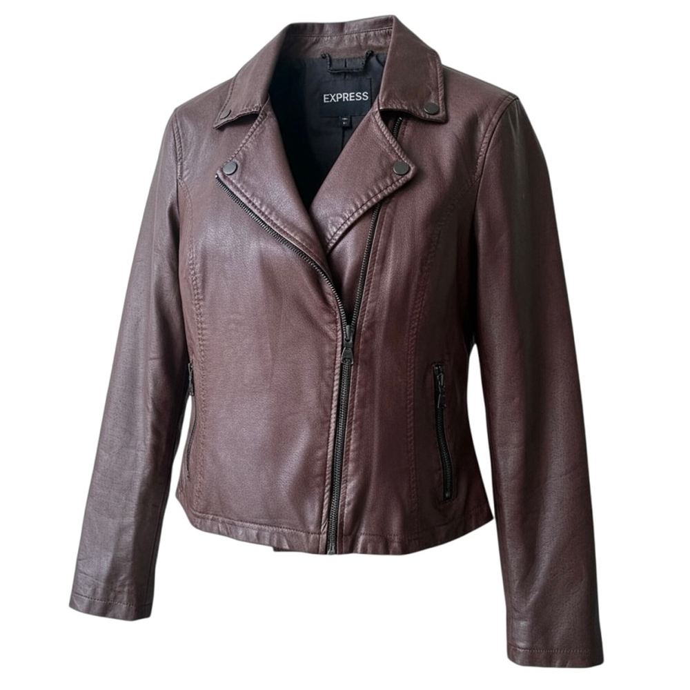Express Burgundy Brown Vegan Leather Biker Bomber Jacket Long Sleeve Coat SMALL